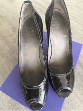Stuart Weitzman Black Patent Peep-Toe Heels